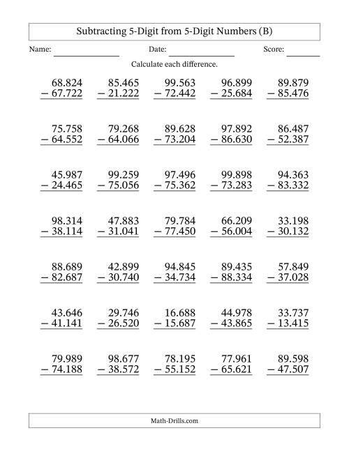 The Subtracting 5-Digit from 5-Digit Numbers With No Regrouping (35 Questions) (Period Separated Thousands) (B) Math Worksheet