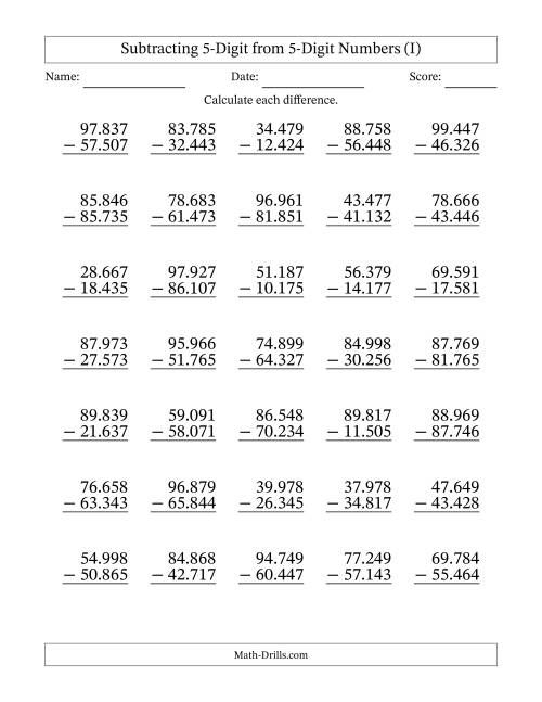 The Subtracting 5-Digit from 5-Digit Numbers With No Regrouping (35 Questions) (Period Separated Thousands) (I) Math Worksheet