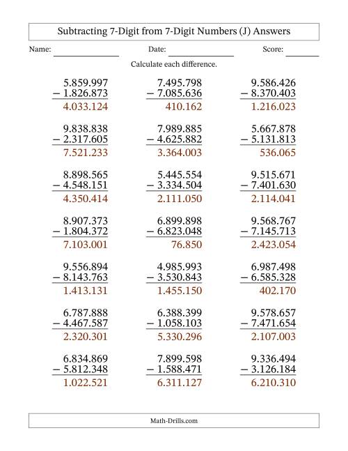 7-Digit Minus 7-Digit Subtraction with NO Regrouping with ...