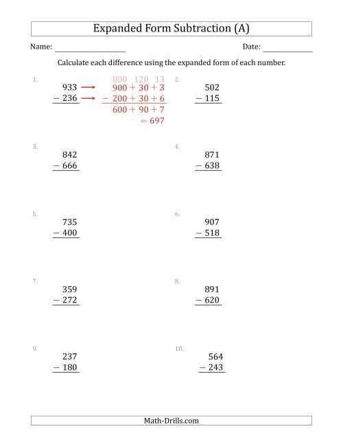 The 3-Digit Expanded Form Subtraction (A) Math Worksheet