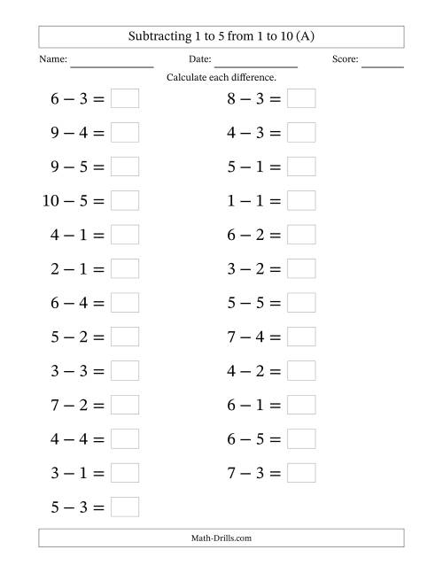 The Horizontally Arranged Subtracting 1 to 5 from 1 to 10 (25 Questions; Large Print) (A) Math Worksheet