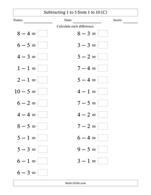 The Horizontally Arranged Subtracting 1 to 5 from 1 to 10 (25 Questions; Large Print) (C) Math Worksheet