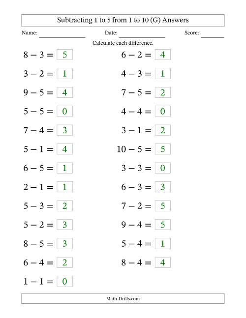 The Horizontally Arranged Subtracting 1 to 5 from 1 to 10 (25 Questions; Large Print) (G) Math Worksheet Page 2