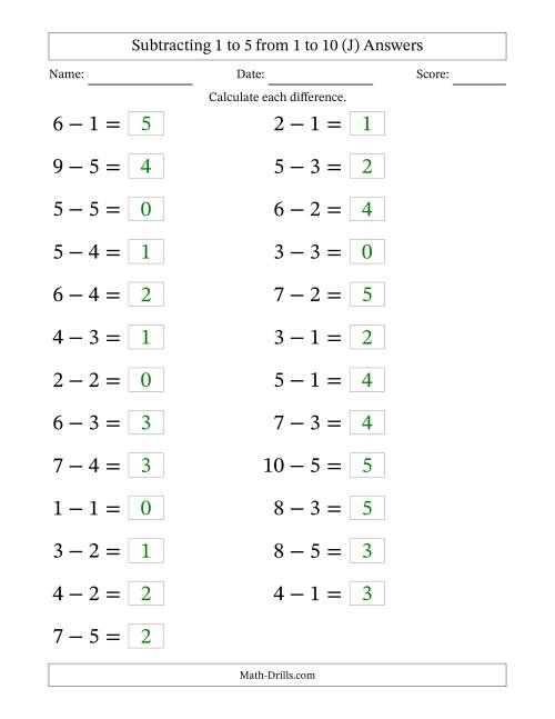 The Horizontally Arranged Subtracting 1 to 5 from 1 to 10 (25 Questions; Large Print) (J) Math Worksheet Page 2