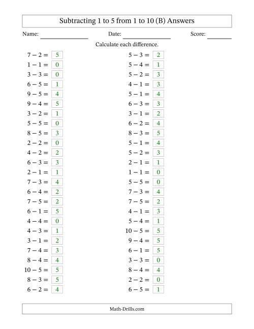 The Horizontally Arranged Subtracting 1 to 5 from 1 to 10 (50 Questions) (B) Math Worksheet Page 2