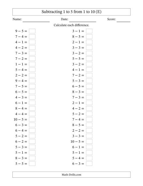 The Horizontally Arranged Subtracting 1 to 5 from 1 to 10 (50 Questions) (E) Math Worksheet