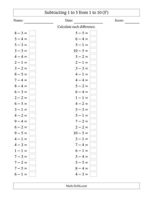 The Horizontally Arranged Subtracting 1 to 5 from 1 to 10 (50 Questions) (F) Math Worksheet