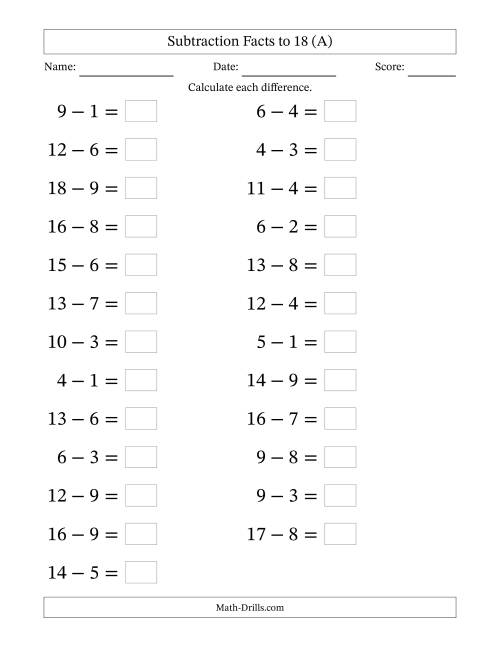 The Horizontally Arranged Subtraction Facts with Minuends to 18 (25 Questions; Large Print) (A) Math Worksheet