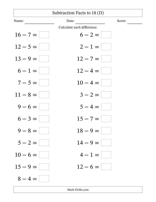 The Horizontally Arranged Subtraction Facts with Minuends to 18 (25 Questions; Large Print) (D) Math Worksheet
