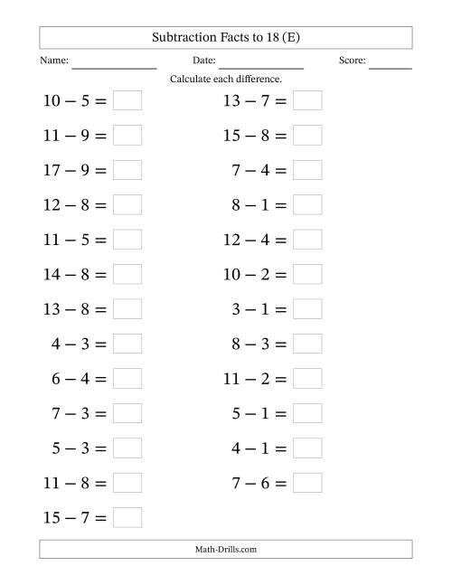 The Horizontally Arranged Subtraction Facts with Minuends to 18 (25 Questions; Large Print) (E) Math Worksheet