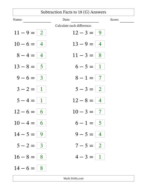 The Horizontally Arranged Subtraction Facts with Minuends to 18 (25 Questions; Large Print) (G) Math Worksheet Page 2