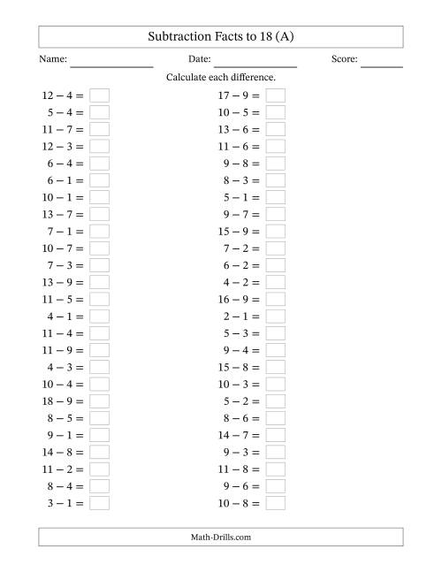 The Horizontally Arranged Subtraction Facts with Minuends to 18 (50 Questions) (A) Math Worksheet