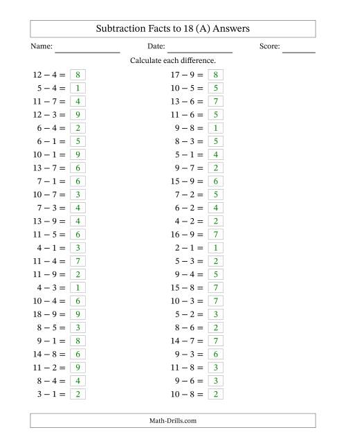 The Horizontally Arranged Subtraction Facts with Minuends to 18 (50 Questions) (A) Math Worksheet Page 2