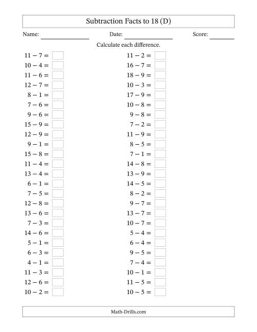 The Horizontally Arranged Subtraction Facts with Minuends to 18 (50 Questions) (D) Math Worksheet