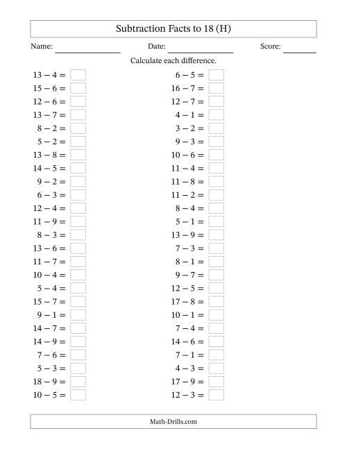 The Horizontally Arranged Subtraction Facts with Minuends to 18 (50 Questions) (H) Math Worksheet