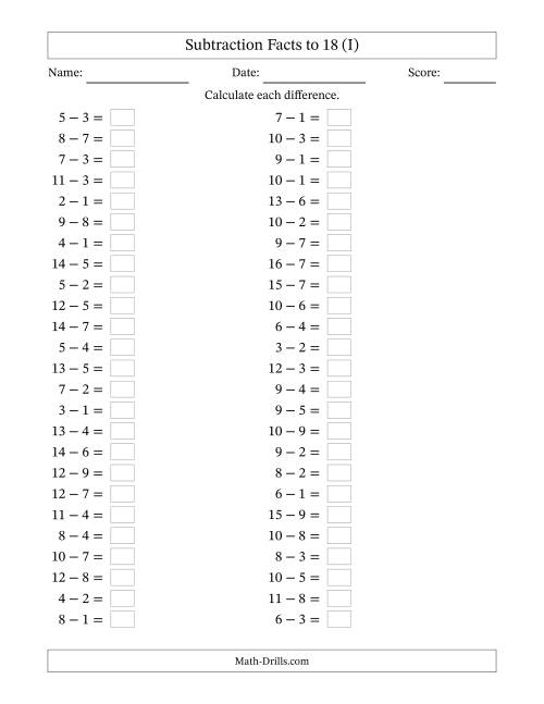 The Horizontally Arranged Subtraction Facts with Minuends to 18 (50 Questions) (I) Math Worksheet