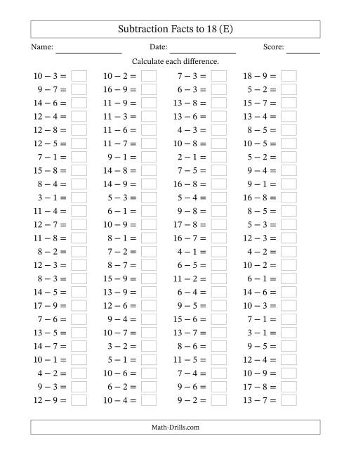 The Horizontally Arranged Subtraction Facts with Minuends to 18 (100 Questions) (E) Math Worksheet