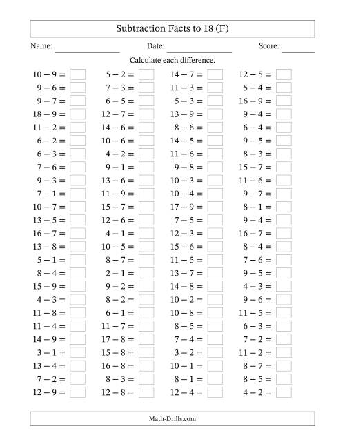 The Horizontally Arranged Subtraction Facts with Minuends to 18 (100 Questions) (F) Math Worksheet