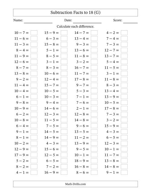 The Horizontally Arranged Subtraction Facts with Minuends to 18 (100 Questions) (G) Math Worksheet