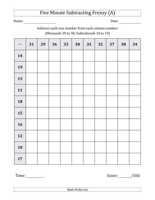 The Five Minute Subtracting Frenzy (Minuends 29 to 38 and Subtrahends 10 to 19) (A) Math Worksheet