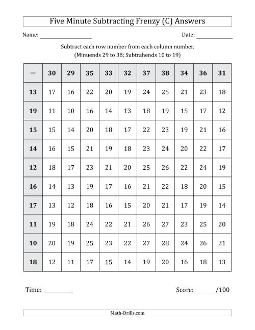 The Five Minute Subtracting Frenzy (Minuends 29 to 38 and Subtrahends 10 to 19) (C) Math Worksheet Page 2