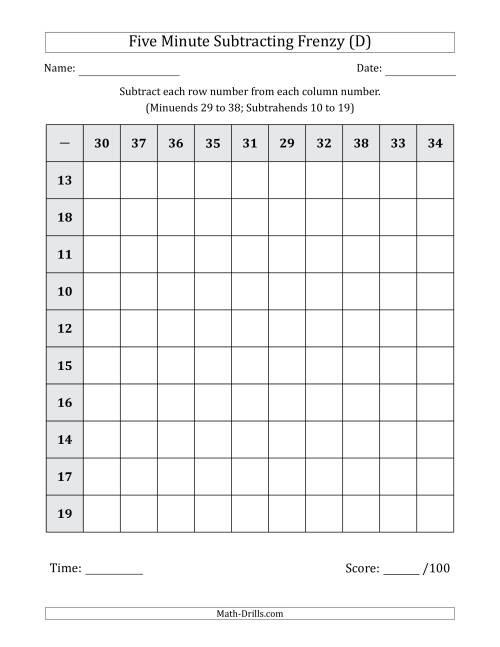 The Five Minute Subtracting Frenzy (Minuends 29 to 38 and Subtrahends 10 to 19) (D) Math Worksheet