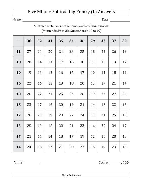 The Five Minute Subtracting Frenzy (Minuends 29 to 38 and Subtrahends 10 to 19) (L) Math Worksheet Page 2