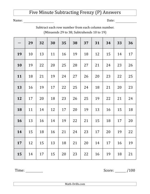 The Five Minute Subtracting Frenzy (Minuends 29 to 38 and Subtrahends 10 to 19) (P) Math Worksheet Page 2