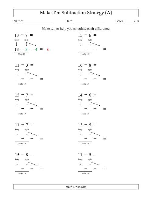 The Make Ten Subtraction Strategy (A) Math Worksheet