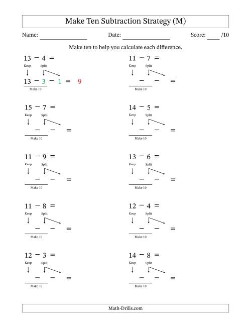 The Make Ten Subtraction Strategy (M) Math Worksheet