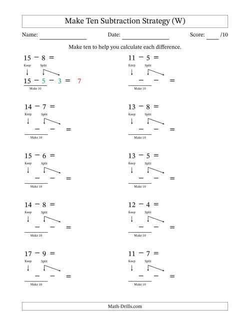 The Make Ten Subtraction Strategy (W) Math Worksheet