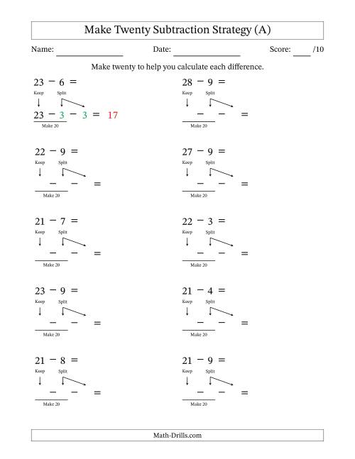The Make Twenty Subtraction Strategy (A) Math Worksheet