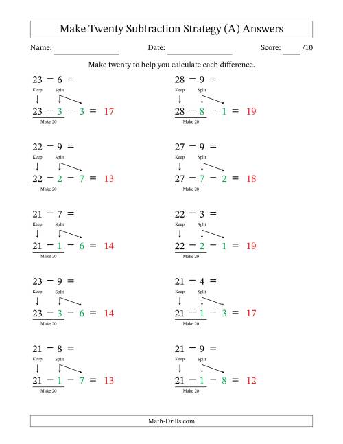 The Make Twenty Subtraction Strategy (A) Math Worksheet Page 2