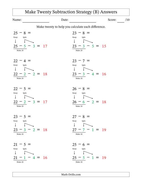 The Make Twenty Subtraction Strategy (B) Math Worksheet Page 2