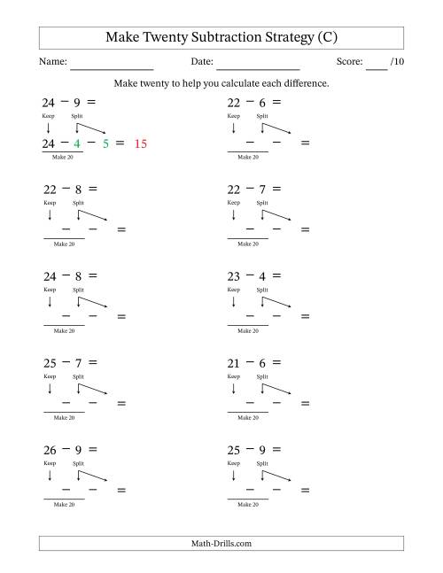 The Make Twenty Subtraction Strategy (C) Math Worksheet