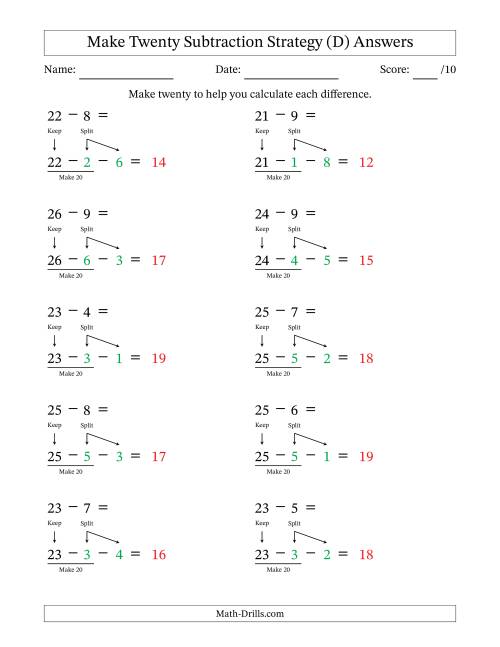 The Make Twenty Subtraction Strategy (D) Math Worksheet Page 2