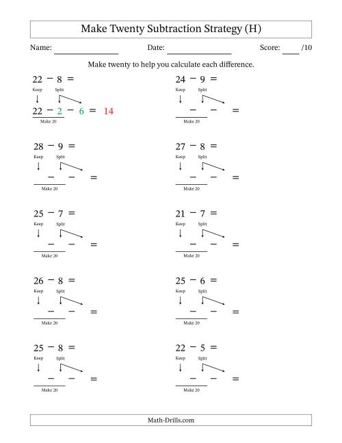 The Make Twenty Subtraction Strategy (H) Math Worksheet