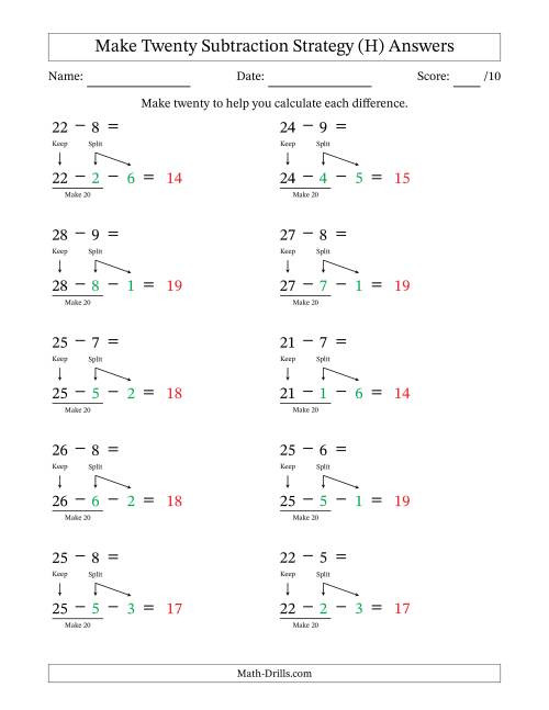 The Make Twenty Subtraction Strategy (H) Math Worksheet Page 2