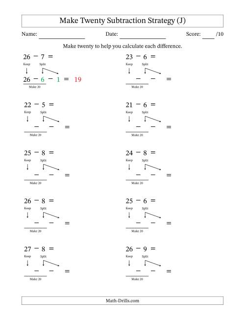 The Make Twenty Subtraction Strategy (J) Math Worksheet