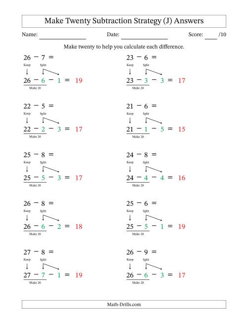The Make Twenty Subtraction Strategy (J) Math Worksheet Page 2