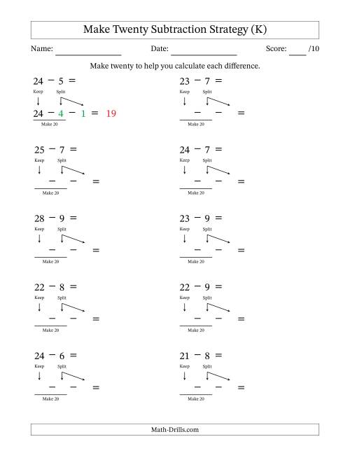 The Make Twenty Subtraction Strategy (K) Math Worksheet