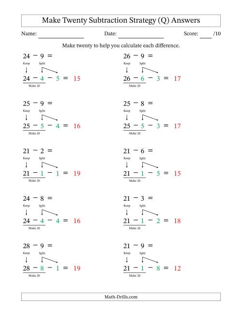 The Make Twenty Subtraction Strategy (Q) Math Worksheet Page 2