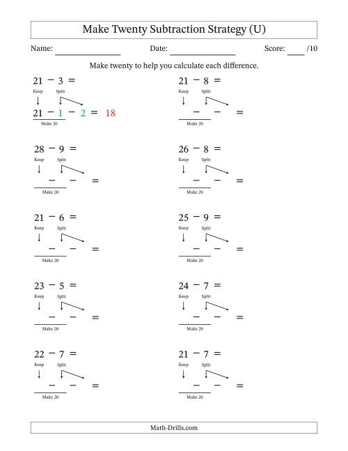 The Make Twenty Subtraction Strategy (U) Math Worksheet