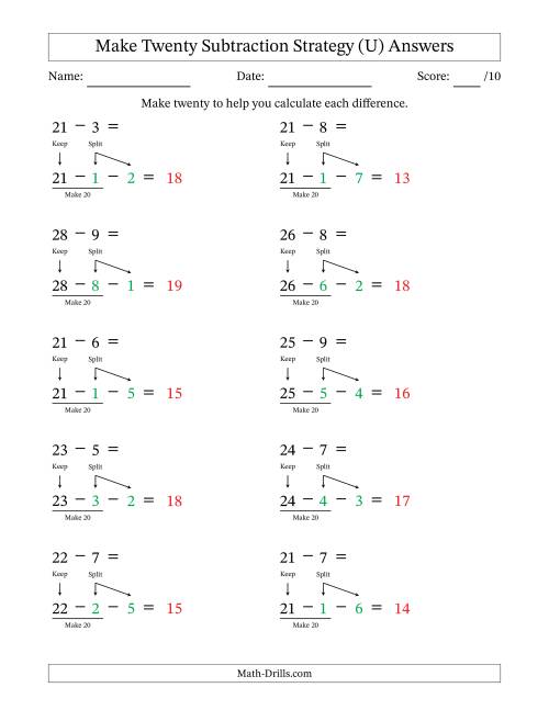 The Make Twenty Subtraction Strategy (U) Math Worksheet Page 2