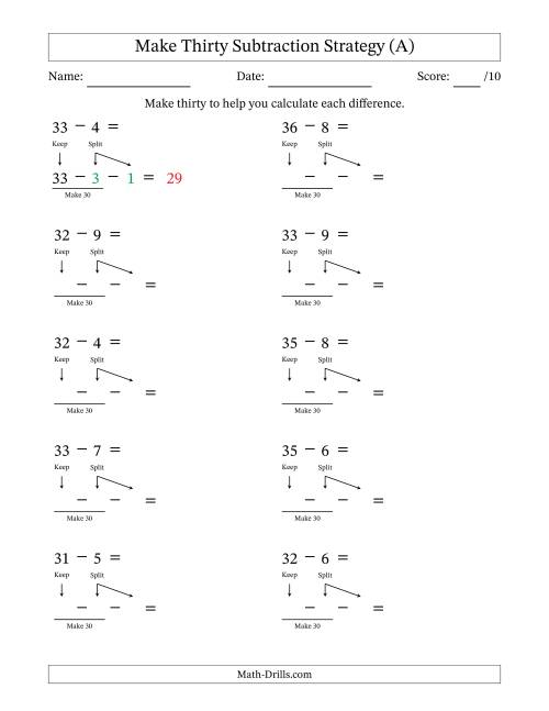 The Make Thirty Subtraction Strategy (A) Math Worksheet