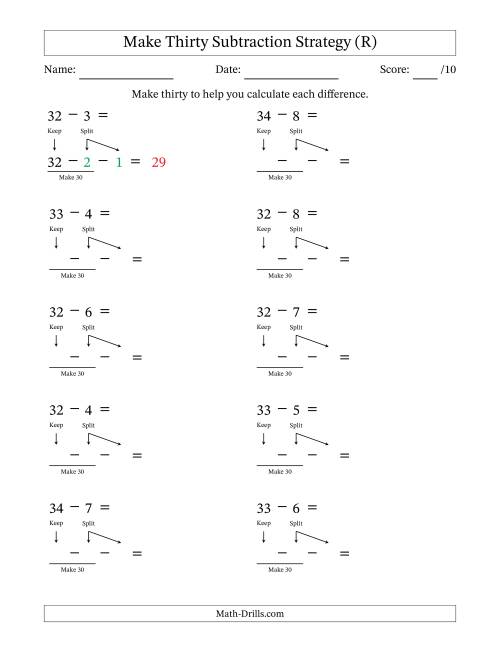 The Make Thirty Subtraction Strategy (R) Math Worksheet