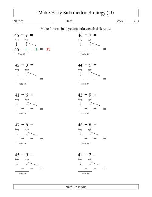 The Make Forty Subtraction Strategy (U) Math Worksheet