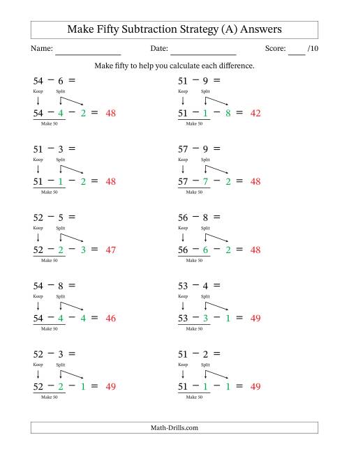 The Make Fifty Subtraction Strategy (A) Math Worksheet Page 2