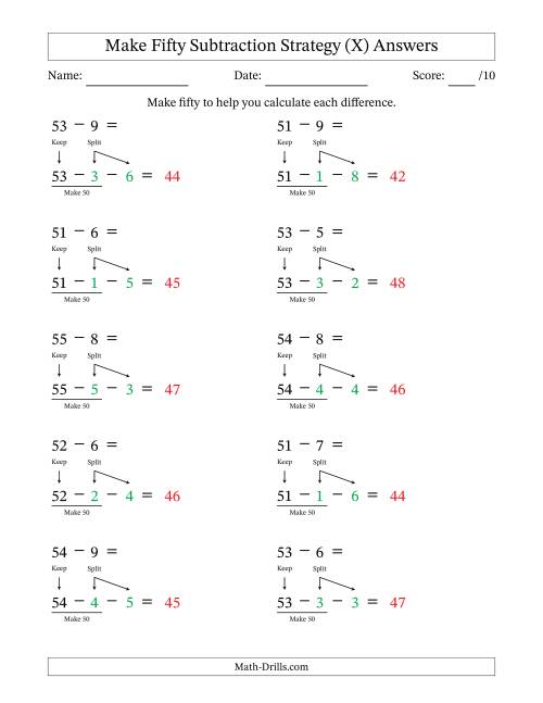 The Make Fifty Subtraction Strategy (X) Math Worksheet Page 2