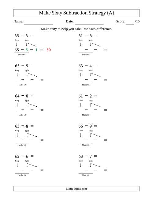 The Make Sixty Subtraction Strategy (A) Math Worksheet